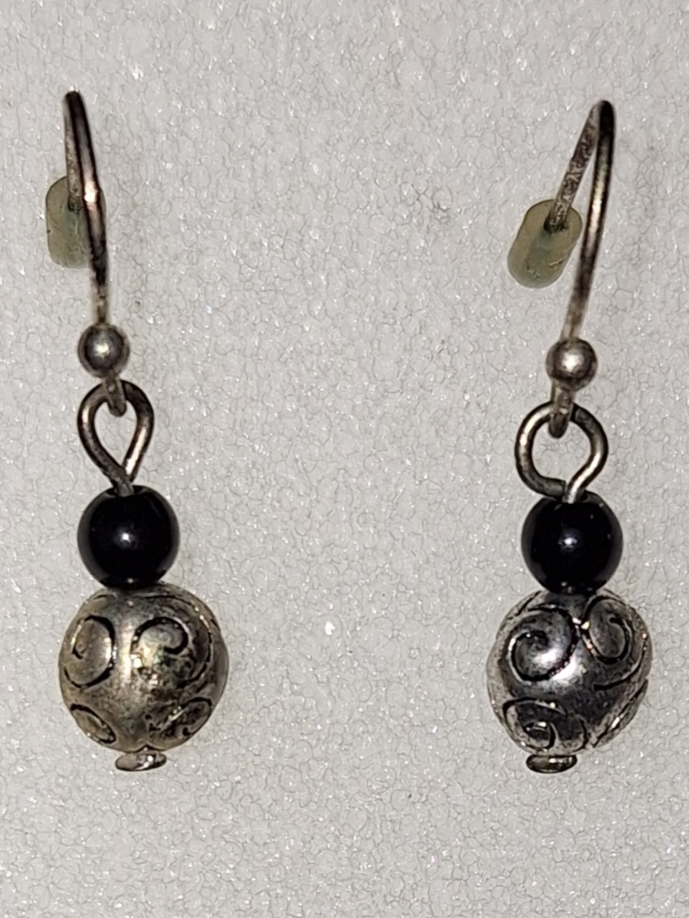 Silver Scroll Bead Drop Earrings with Black Accent